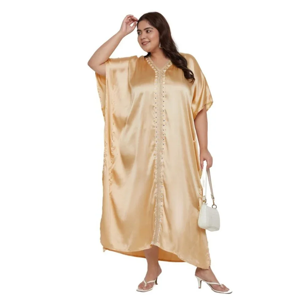 Solid with Embroidery Apricot Tan Satin Women Kaftan Dress